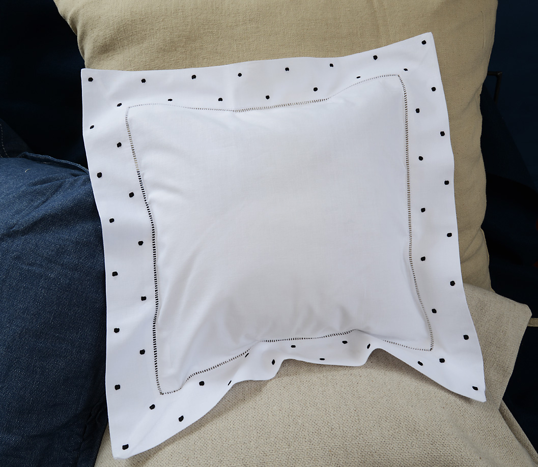 Baby Square Pillow. Black Polka Dots