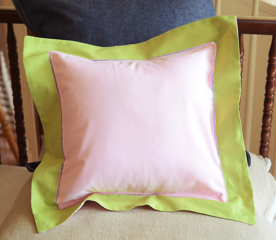 Baby Square Pillow. Baby Pink & Hot Green trimmed