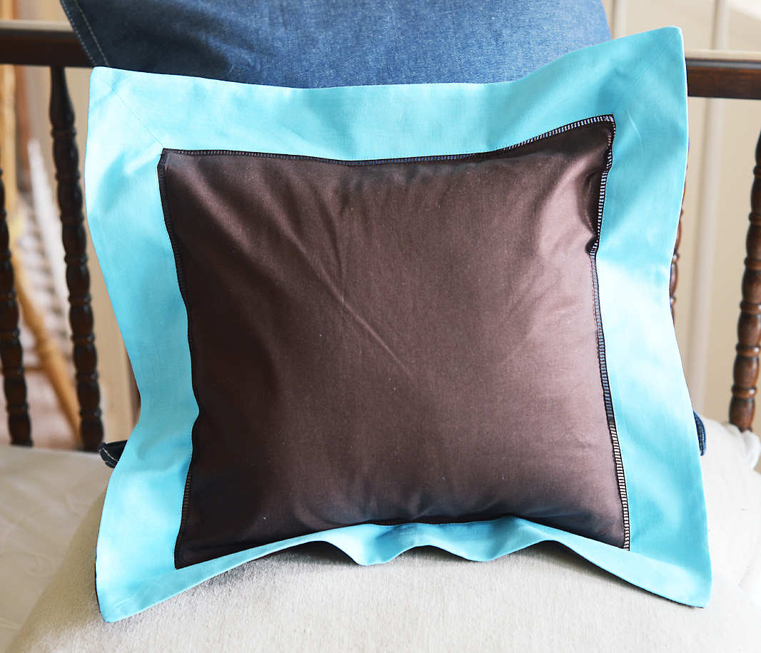 Baby Square Pillow. Muti colored. Chocolate & Aqua trimmed