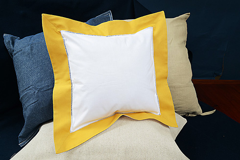 hemstitch square baby pillow, gold border