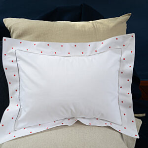 hemstitch baby pillow, red polka dots