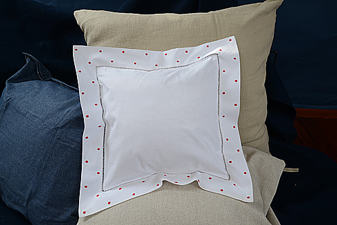 hemstitch baby square pillow, red polka dots